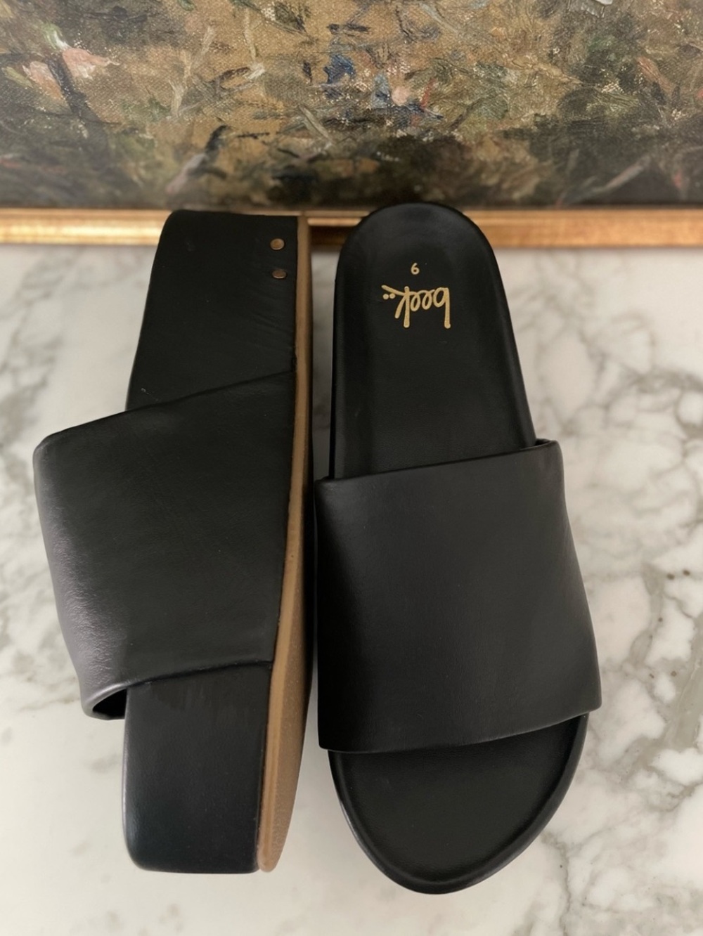 Beek Albatross Black Leather Platform Slide Sandals Size 9 $329